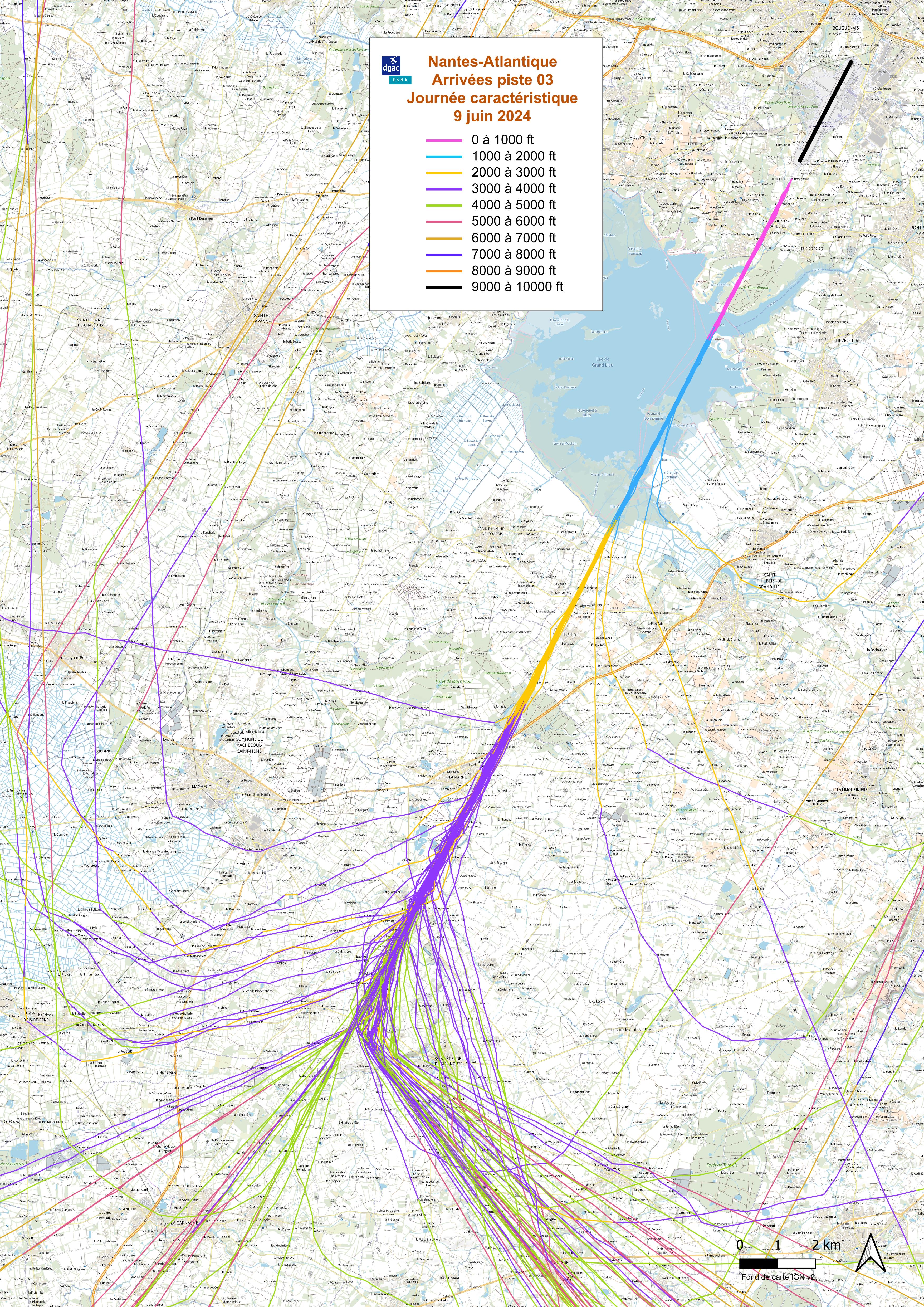 Chevelus du 09/06/2024 – Arrivées et départs, orientation face au Nord-Est (Source DGAC)