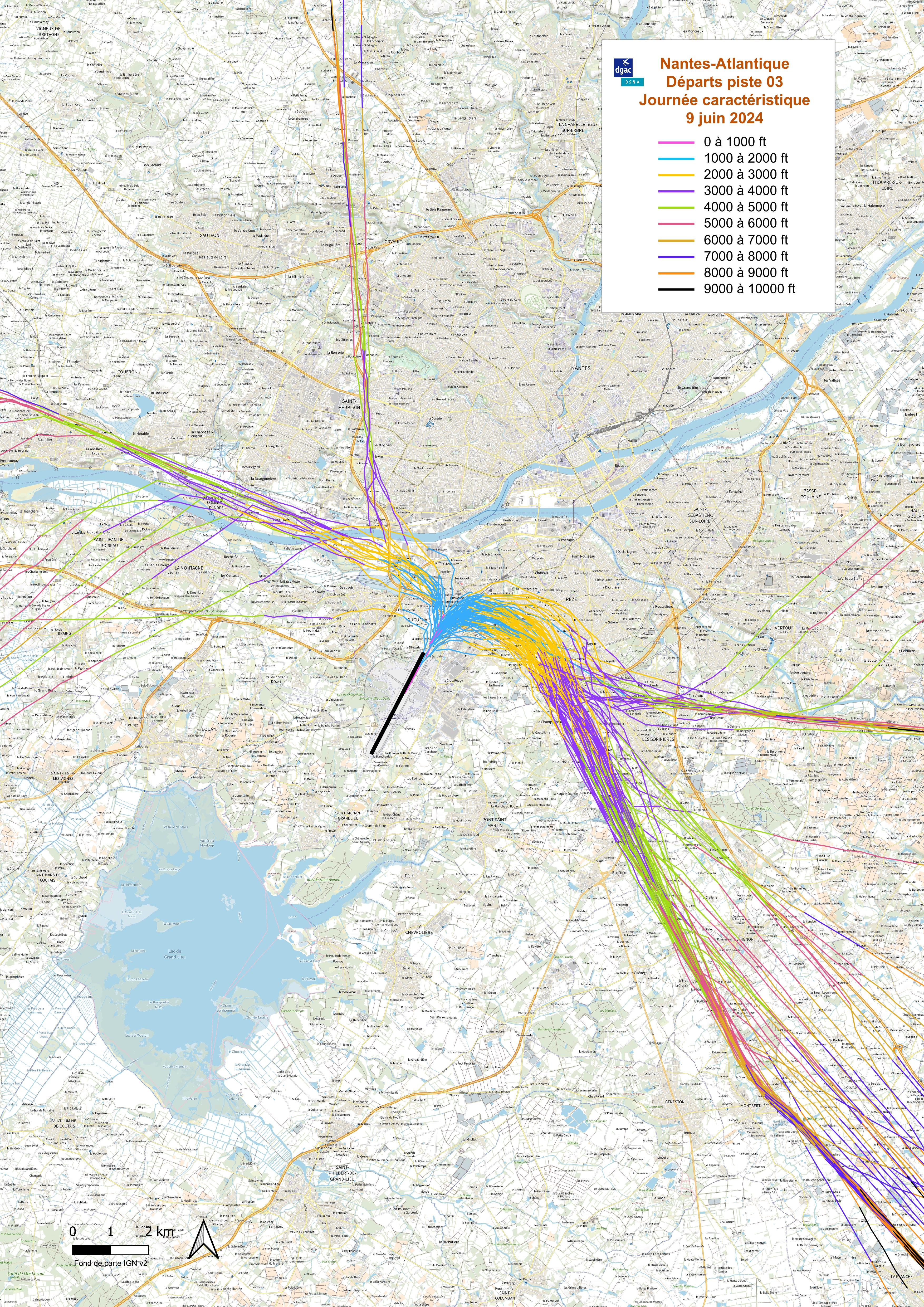 Chevelus du 09/06/2024 – Arrivées et départs, orientation face au Nord-Est (Source DGAC)