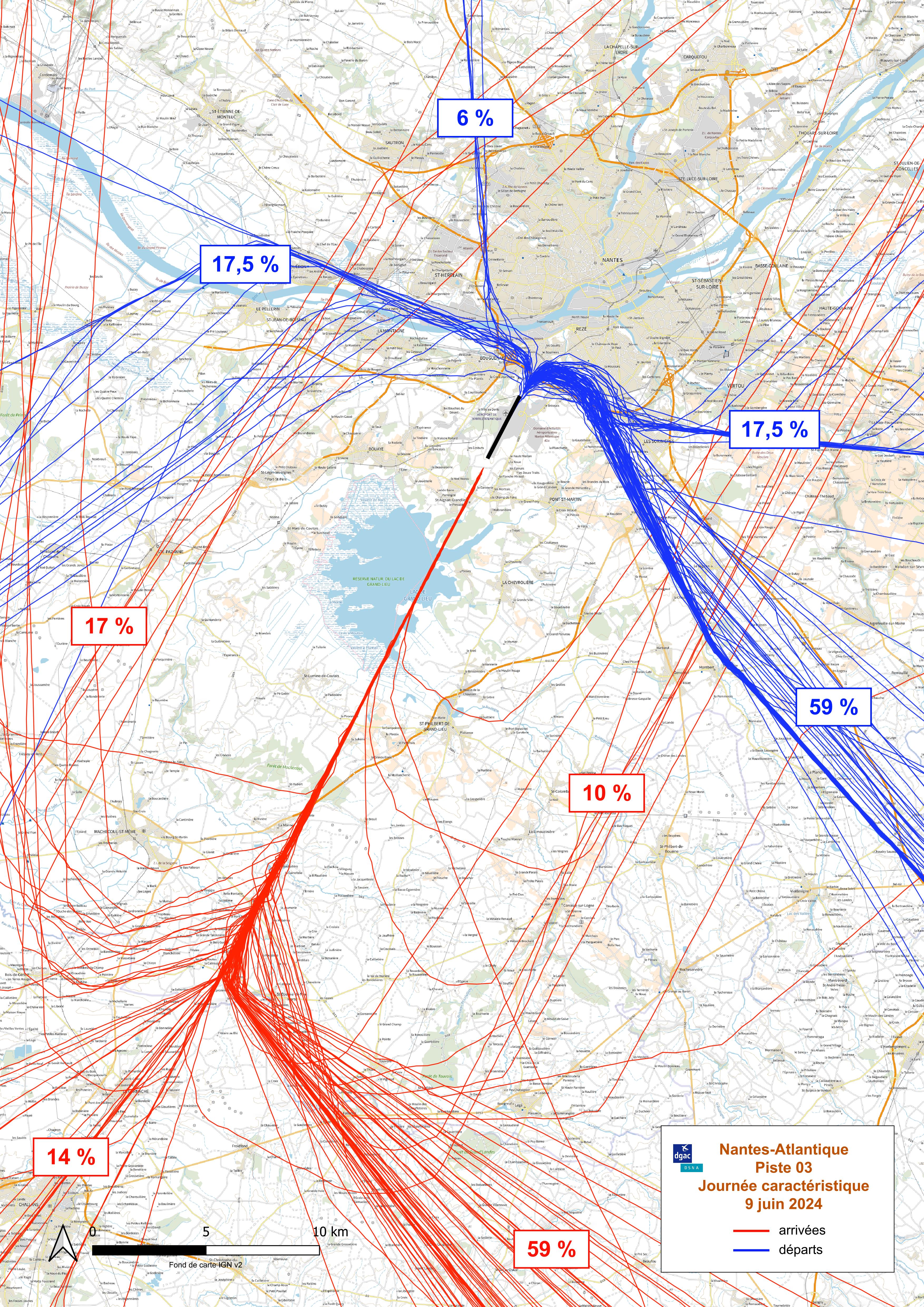 Chevelus du 09/06/2024 – Arrivées et départs, orientation face au Nord-Est (Source DGAC)