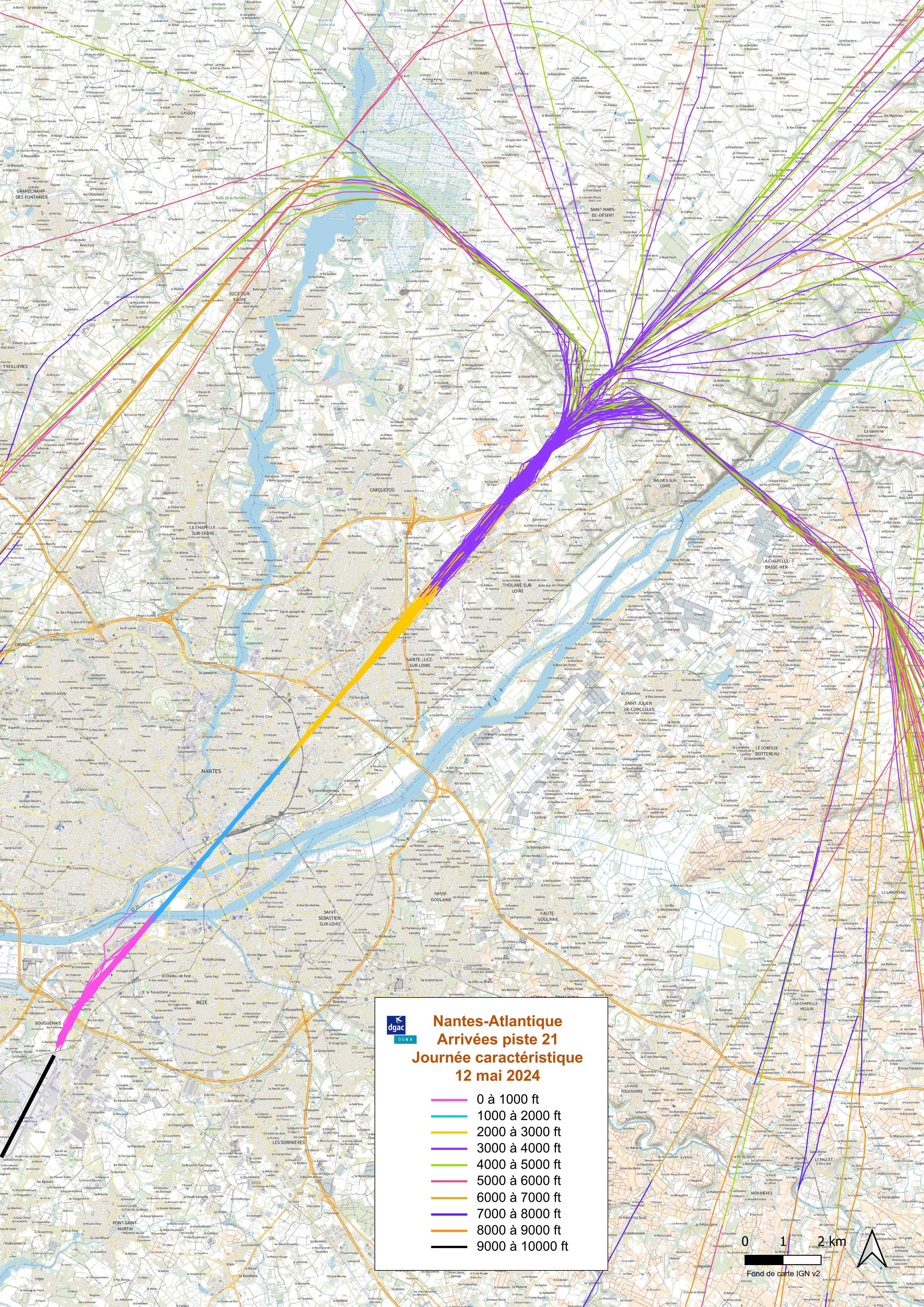 Chevelus du 12/05/2024 – Arrivées et départs, orientation face au Nord-Est (Source DGAC)