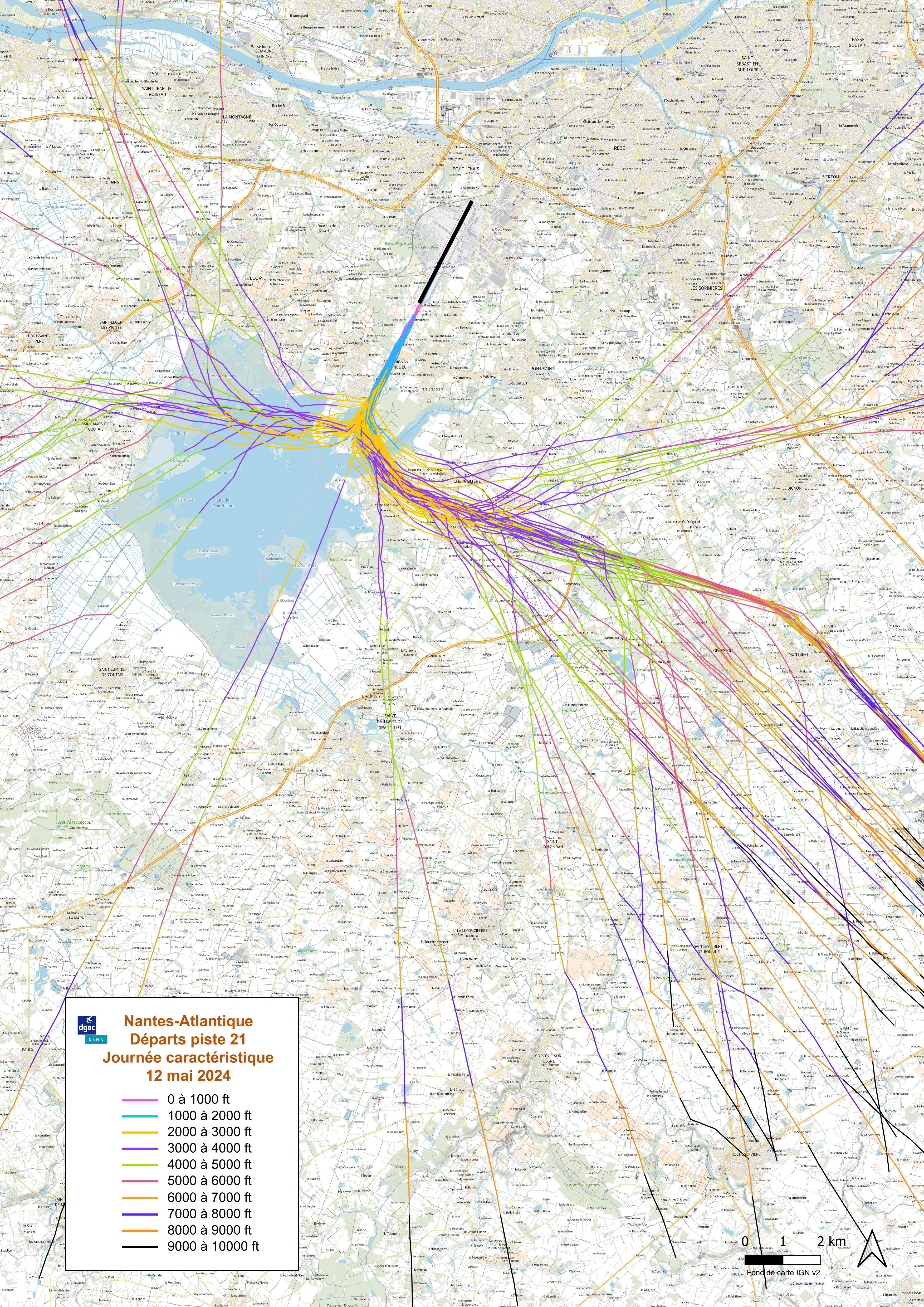 Chevelus du 12/05/2024 – Arrivées et départs, orientation face au Nord-Est (Source DGAC)